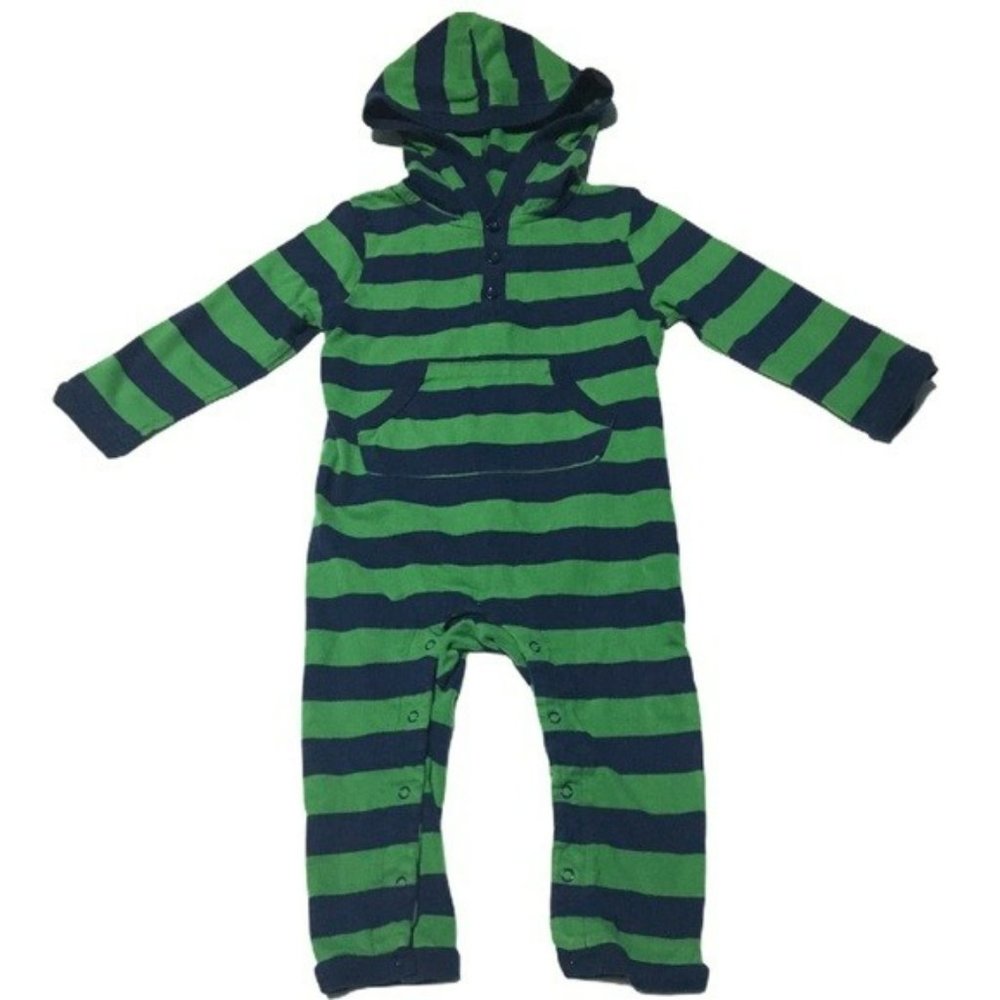 Leveret Baby Toddler Green & Blue Striped Hooded Jumpsuit